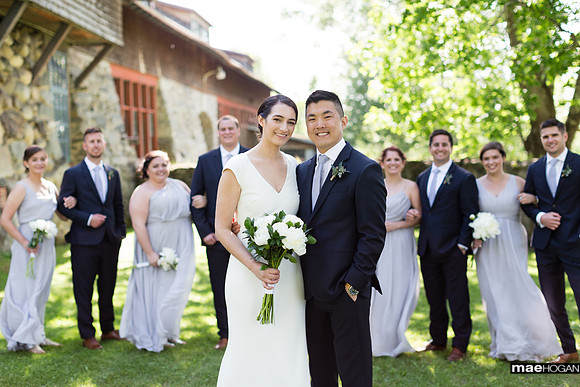 Bridal party photos in courtyard at the Rocks Estate in Bethlehem NH